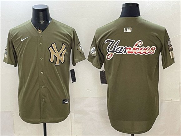 New York Yankees Team Big Logo Olive 2026 Armed Forces Day Stitched Jersey