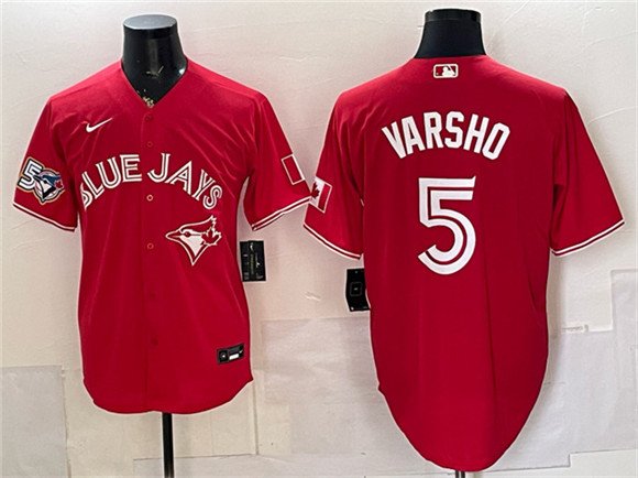 Men's Toronto Blue Jays #5 Daulton Varsho Red 50 Seasons Patch Stitched Jersey