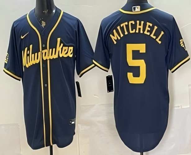 Men's Milwaukee Brewers #5 Garrett Mitchell Navy Blue Stitched Cool Base Jersey