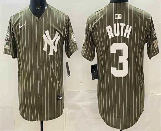 Men's New York Yankees #3 Babe Ruth Olive Pinstripe 2026 Armed Forces Day Jersey
