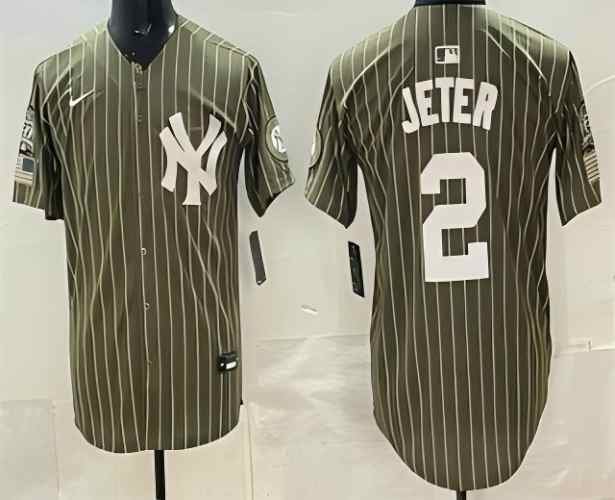 Men's New York Yankees #2 Derek Jeter Olive Pinstripe 2026 Armed Forces Day Jersey