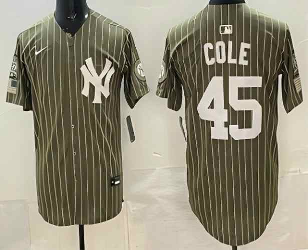 Men's New York Yankees #45 Gerrit Cole Olive Pinstripe 2026 Armed Forces Day Jersey