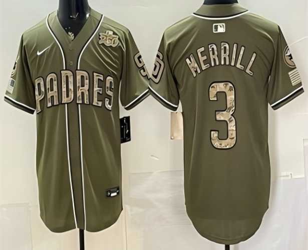 Men's San Diego Padres #3 Jackson Merrill Olive 2026 Armed Forces Day Jersey