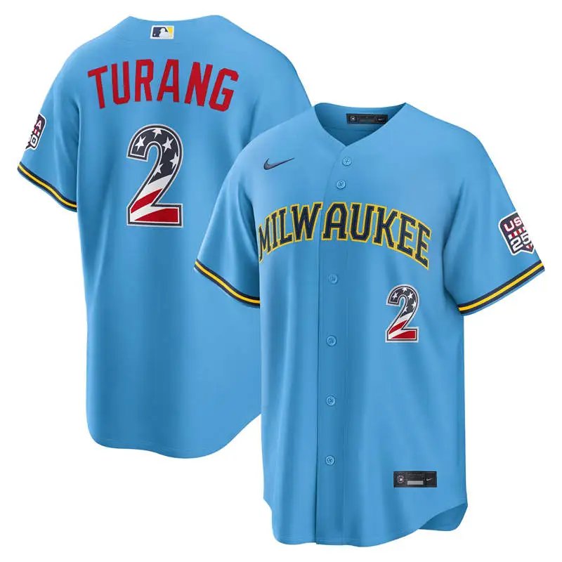 Milwaukee Brewers #2 Brice Turang Light Blue USA 250 Fourth of July Jersey