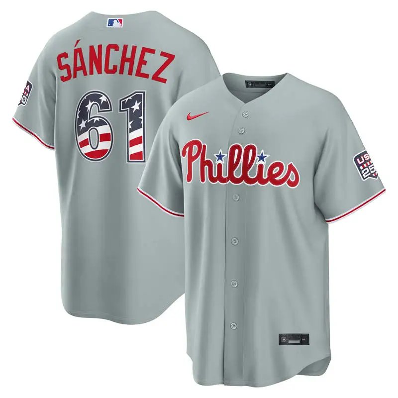 Philadelphia Phillies #61 Cristopher Sanchez Grey USA 250 Fourth of July Jersey