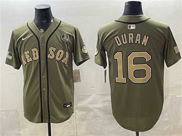 Men's Boston Red Sox #16 Jarren Duran Olive Armed Forces Stitched Baseball Jersey