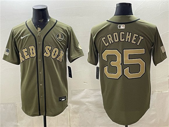 Men's Boston Red Sox #35 Garrett Crochet Olive Armed Forces Stitched Baseball Jersey