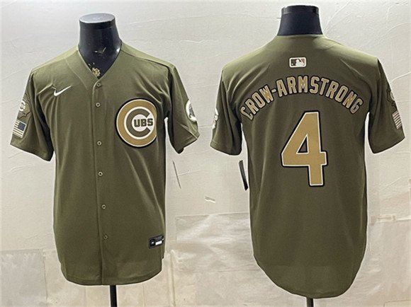 Men's Chicago Cubs #4 Pete Crow-Armstrong Olive Armed Forces Stitched Baseball Jersey