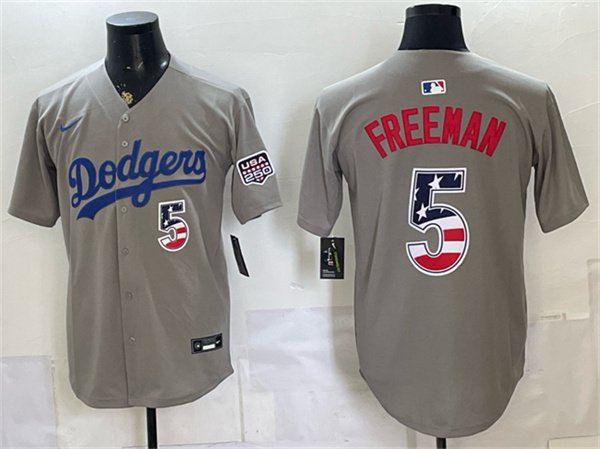 Men's Los Angeles Dodgers #5 Freddie Freeman Gray 250 Fourth of July Stitched Jersey