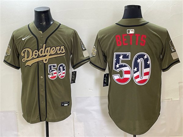 Dodgers #50 Mookie Betts Olive 2026 Armed Forces Day 250 Fourth of July Stitched Jersey