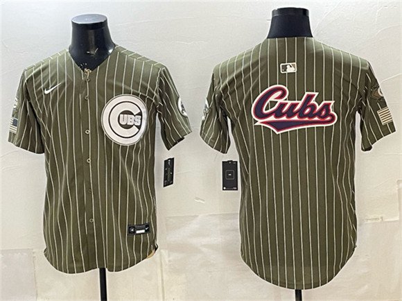 Men's Chicago Cubs Team Big Logo Pinstripe Olive 2026 Armed Forces Day Jersey