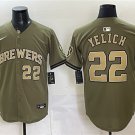 Men's Milwaukee Brewers #22 Christian Yelich Olive 2026 Armed Forces Day Jersey