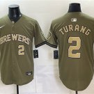 Men's Milwaukee Brewers #2 Brice Turang Olive 2026 Armed Forces Day Jersey