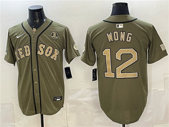 Men's Boston Red Sox #12 Connor Wong Olive Armed Forces Day Cool Base Jersey