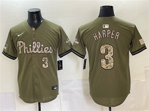 Phillies #3 Bryce Harper Olive 2026 Armed Forces Day Stitched Jersey