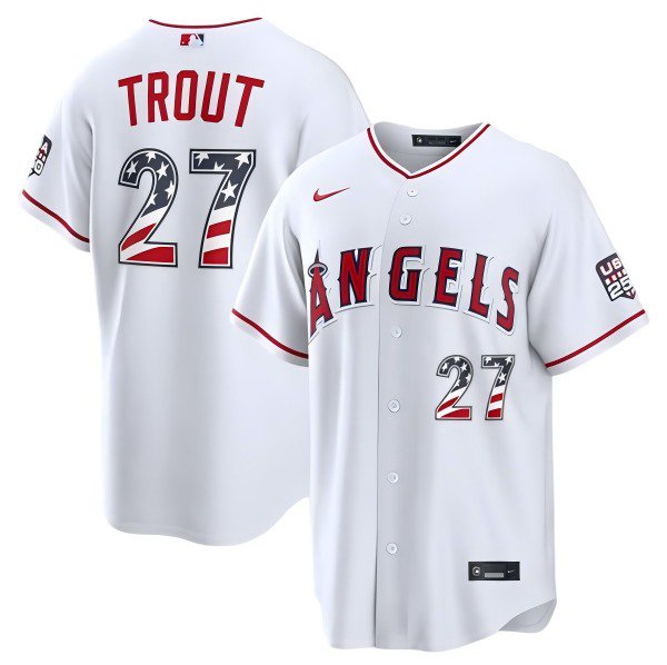 Men's LAA #27 Mike Trout White 2026 USA 250 Fourth of July Stitched Jersey