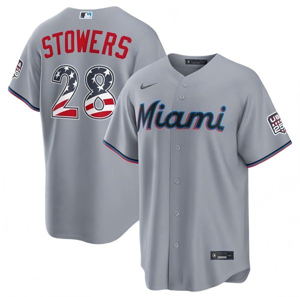 Men's Miami Marlins #28 Kyle Stowers Gray 2026 USA 250 Fourth of July Stitched Jersey