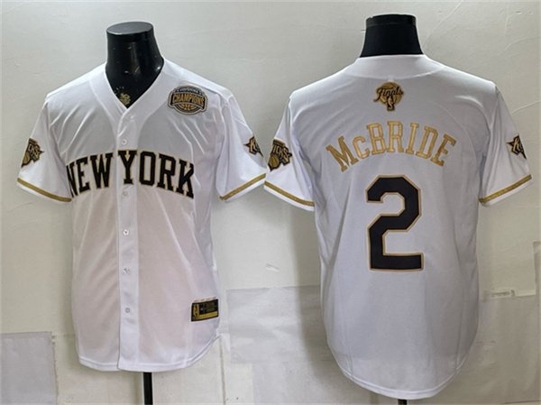 Knicks #2 Miles McBride White Gold 2026 Finals & Eastern Conference Champions Patch Baseball Jersey