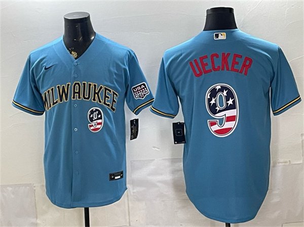 Milwaukee Brewers #9 Bob Uecker Blue 2026 USA 250 Fourth of July Home Baseball Jersey