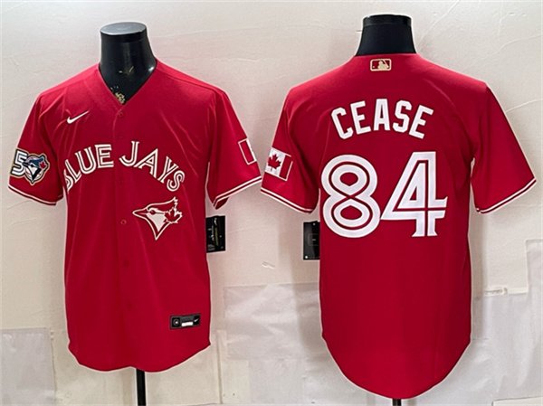 Men's Toronto Blue Jays #84 Dylan Cease Red 50 Seasons Patch Stitched Jersey
