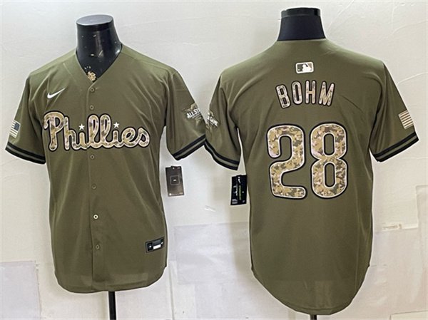 Men's PHI #28 Alec Bohm Olive 2026 Armed Forces Day Stitched Jersey