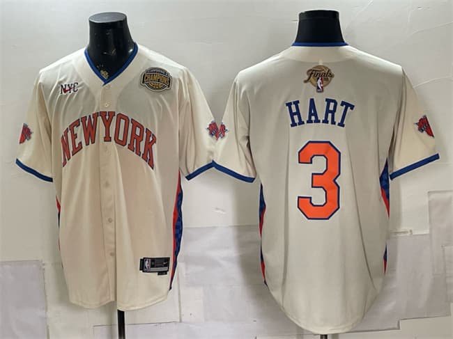 Knicks #3 Josh Hart Cream 2026 Finals & Eastern Conference Champions Patch Baseball Jersey