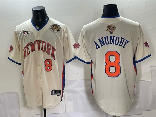 Knicks #8 OG Anunoby Cream 2026 Finals & Eastern Conference Champions Patch Baseball Jersey