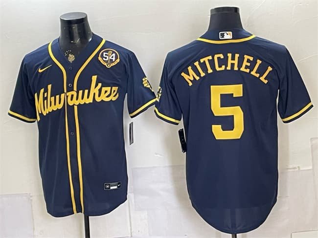 Brewers #5 Garrett Mitchell Navy With Home & Bob Uecker Patch Limited Jersey