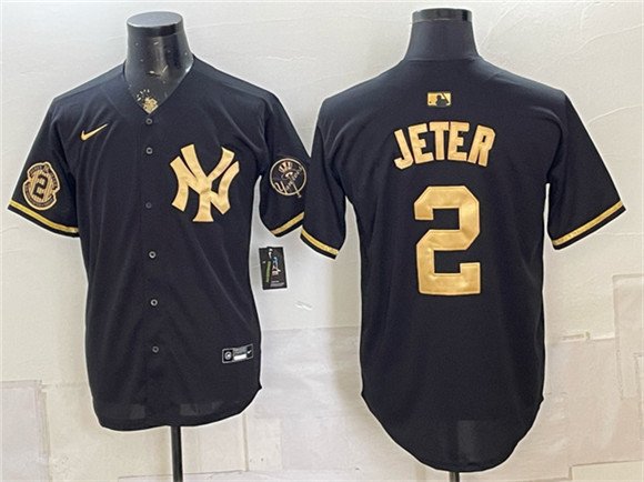 Men's NYY #2 Derek Jeter Black Gold With Patch Stitched Player Jersey