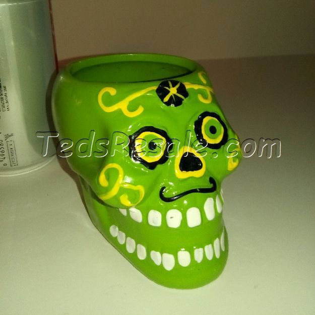 Green Skull with Hand Painted Face, Ceramic