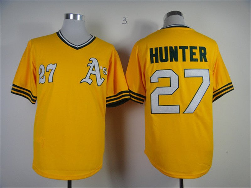 27 Catfish Hunter Stitched Baseball Jersey Color yellow 1