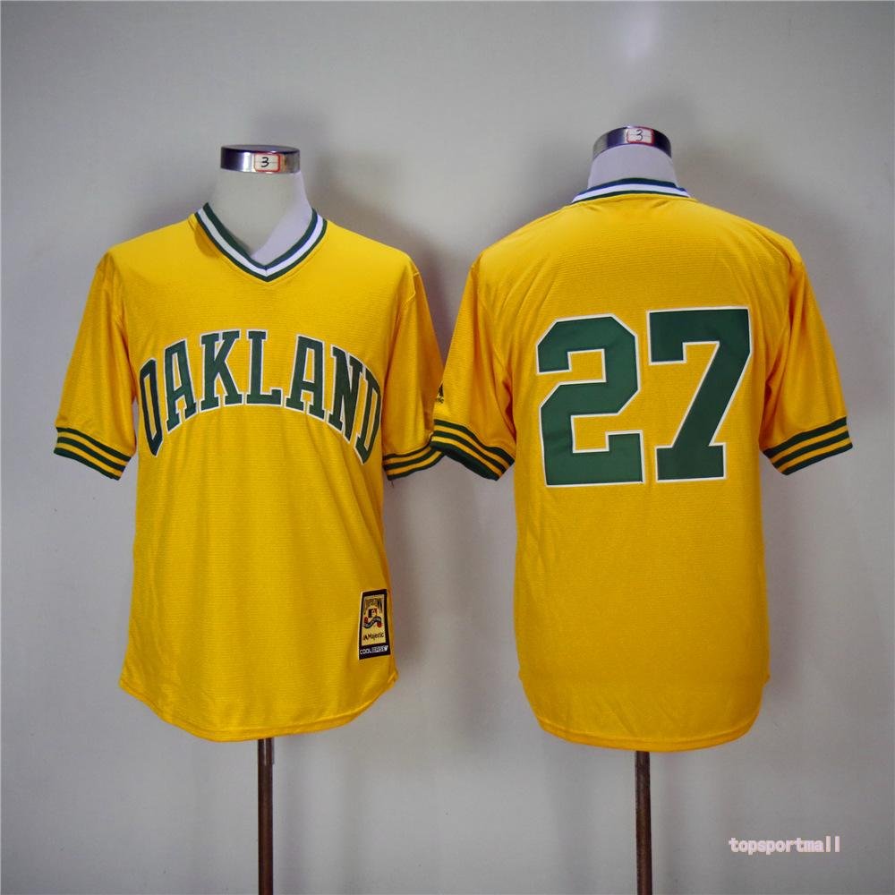 27 Catfish Hunter Stitched Baseball Jersey Color yellow 2