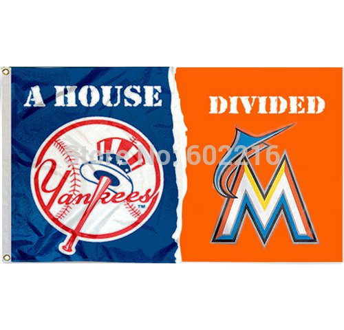 New York Yankees vs Miami Marlins House Divided Team Logo Orange Flag 3FTX 5FT
