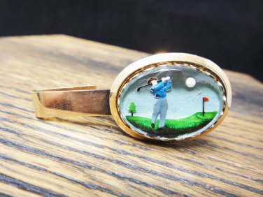 Golf Reverse Painted Glass Tie Clasp Clip Bar Golfer Ball Flag