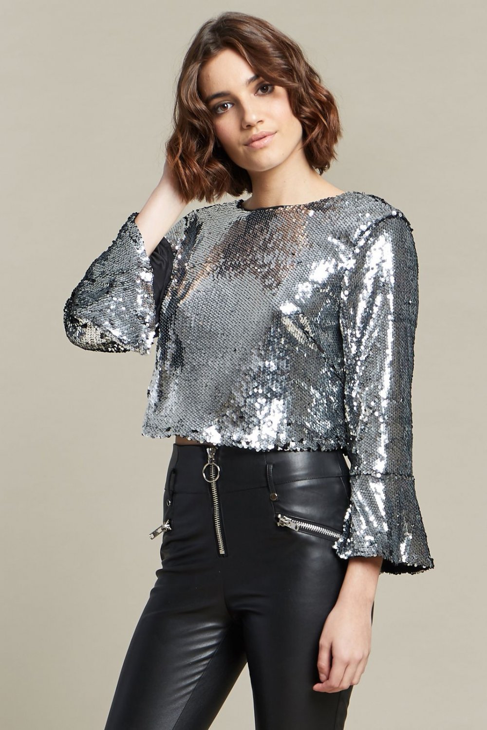 Tie Me Back Silver Sequin Bell Sleeves Fashion Top