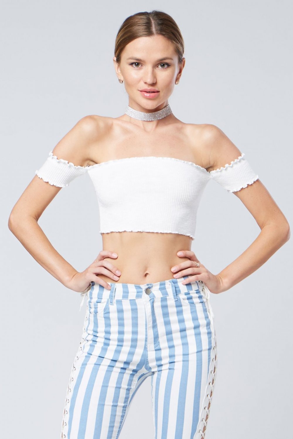 Ribbed Lettuce Edge Off the Shoulder Top