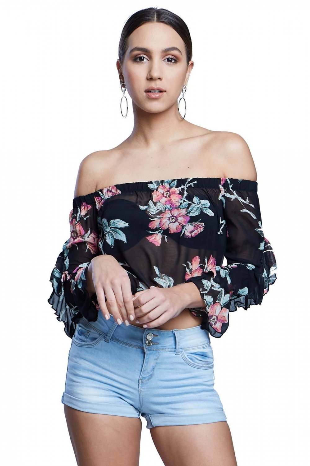 So Shy Off-the-Shoulder See-Through Floral Crop Top