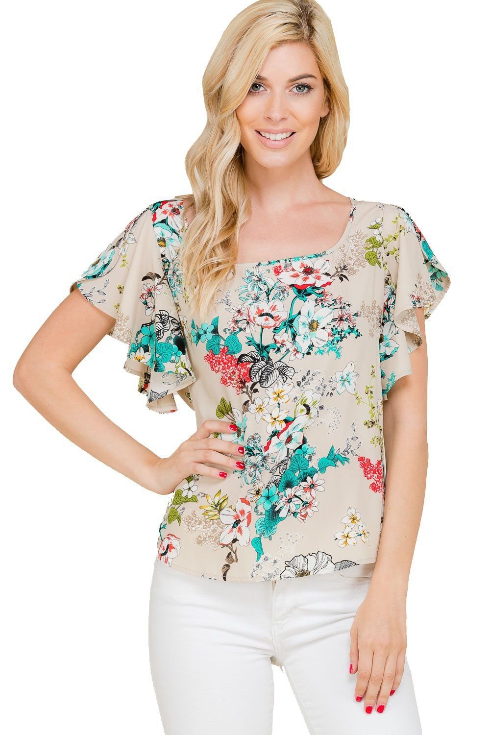 Wide Round Neck Floral Flounce Short Sleeves Blouse Top
