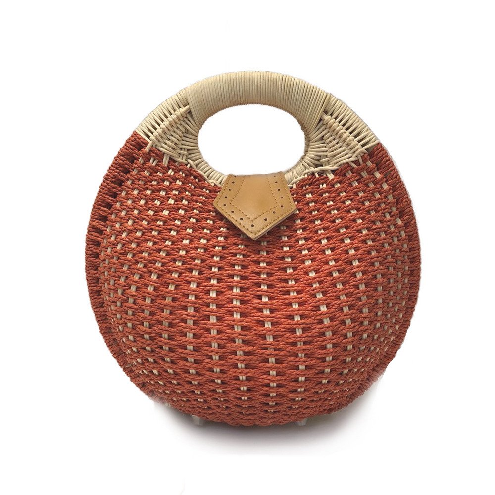 Red Round Shape Top Handle Straw Bag