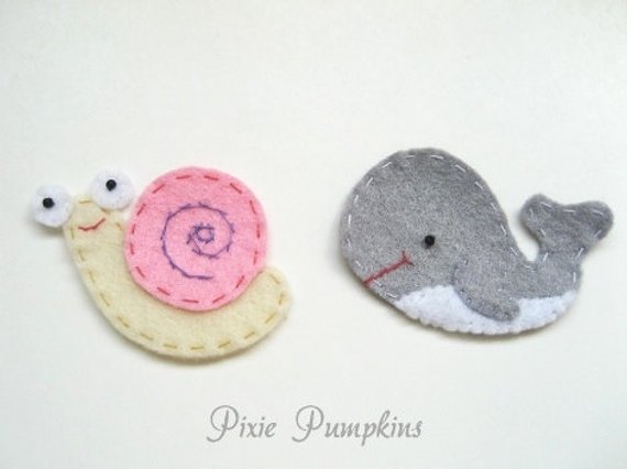 Cute Animal Felt Applique, Felt Embroidered Animal Applique - Snail With Pink Shell & Grey Whale