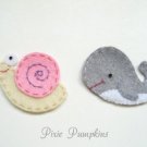 Cute Animal Felt Applique, Felt Embroidered Animal Applique - Snail With Pink Shell & Grey Whale