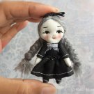 Little Goth Doll, 6 cm Tiny Girl, Handmade Heirloom Cloth Doll, Miniature Textile Halloween Rag Doll