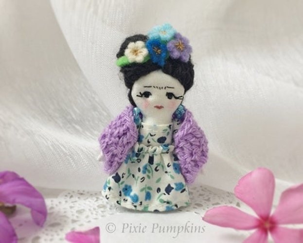 Handmade Miniature Frida Kahlo Doll, Frida Kahlo Cloth Doll, Tiny Frida Plush Doll, Day Of The Dead