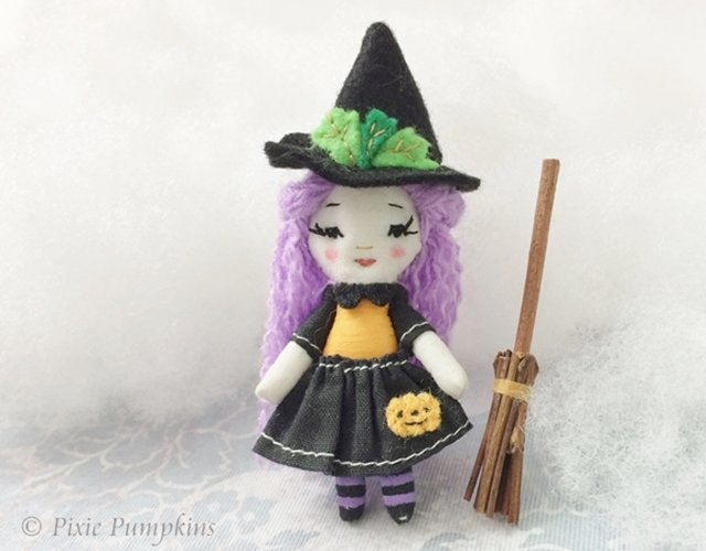 Miniature Halloween Doll, Tiny Halloween Witch With Broom, Plush Doll, Little Witch, Halloween Gift