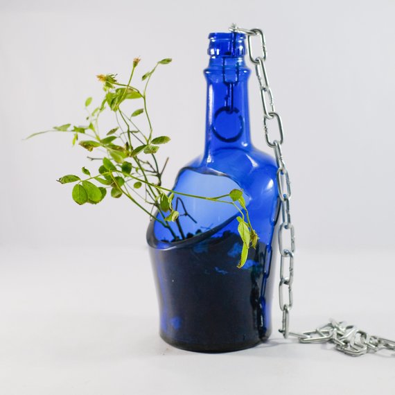 Beautiful Hanging Succulent Planter Pot Made from Cobalt blue Whiskey Bottle 2 PLANTERSHIPSAVE