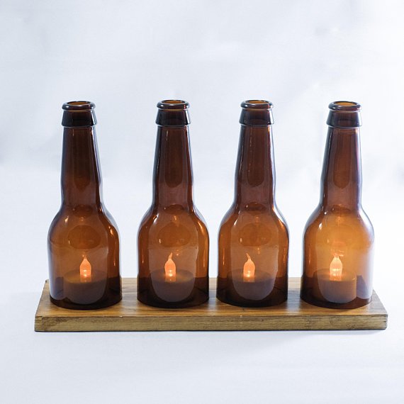 BEER BOTTLE LED Candle Stand - Cover - Holder Set with a Wooden base For Table decoration - Amber