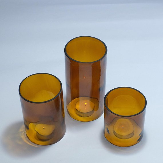BEER BOTTLE Tea Light Hurricane candle cover Trio set : AMBER - Brown Green