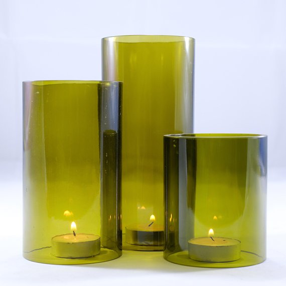 Wine bottle Tea Light Hurricane candle cover Trio set : Olive Green