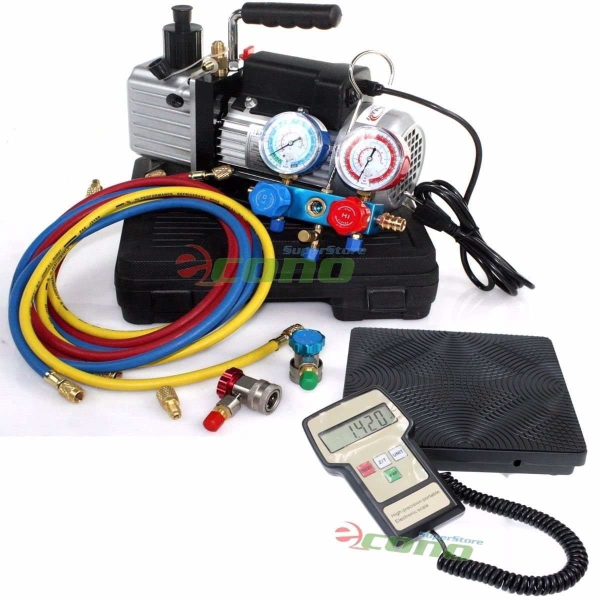 HVAC A/C REFRIGERANT AC KIT W/VACUUM PUMP, R134A R12 MANIFOLD GAUGE SET