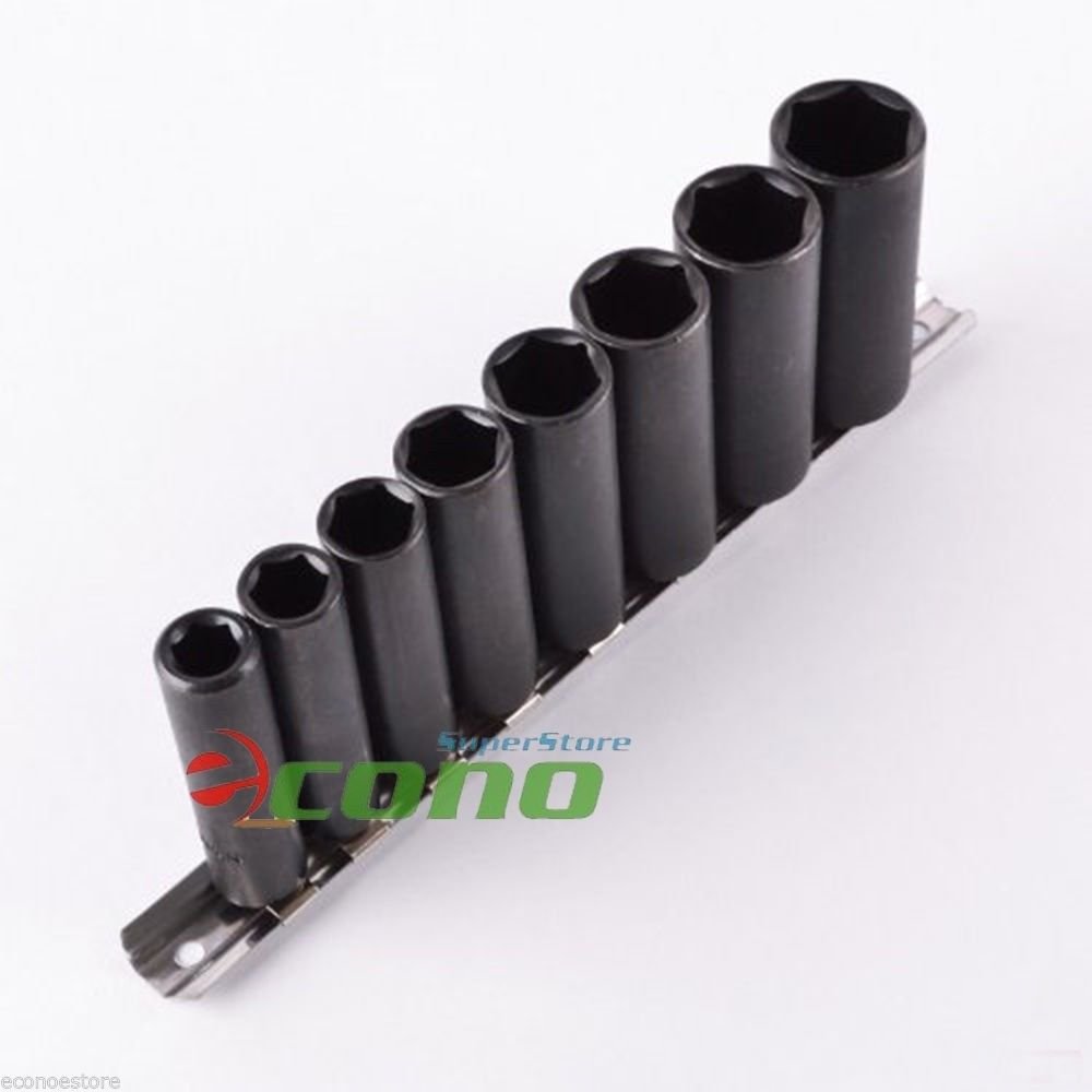 NEW 9pc 1/2" DRIVE DEEP WELL AIR IMPACT SOCKET SET SAE W/STORAGE RAKE